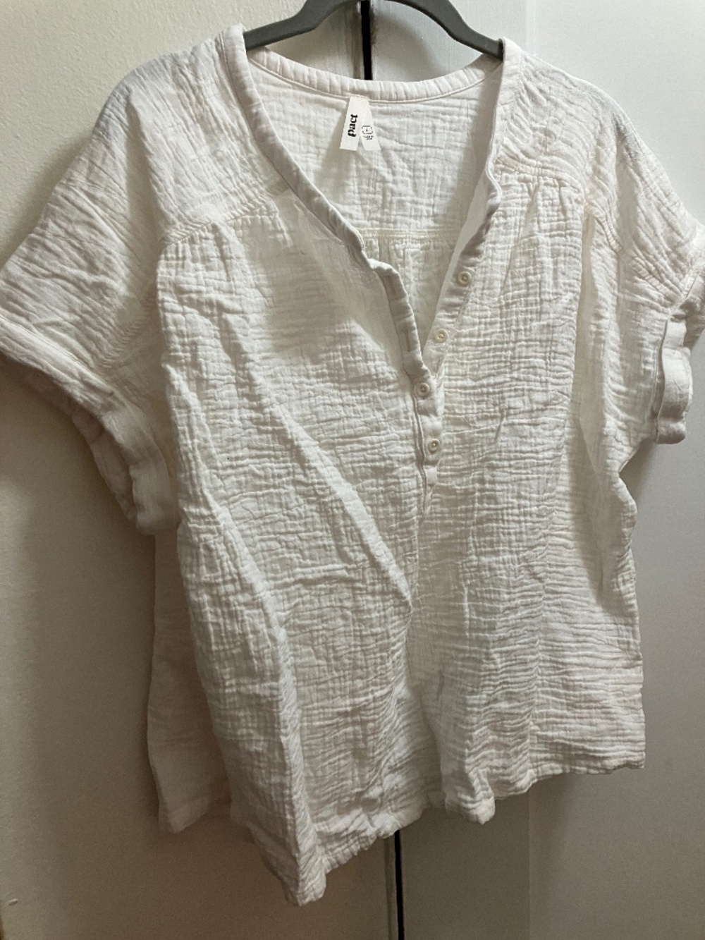 Pact short sleeve white gauze shirt size L